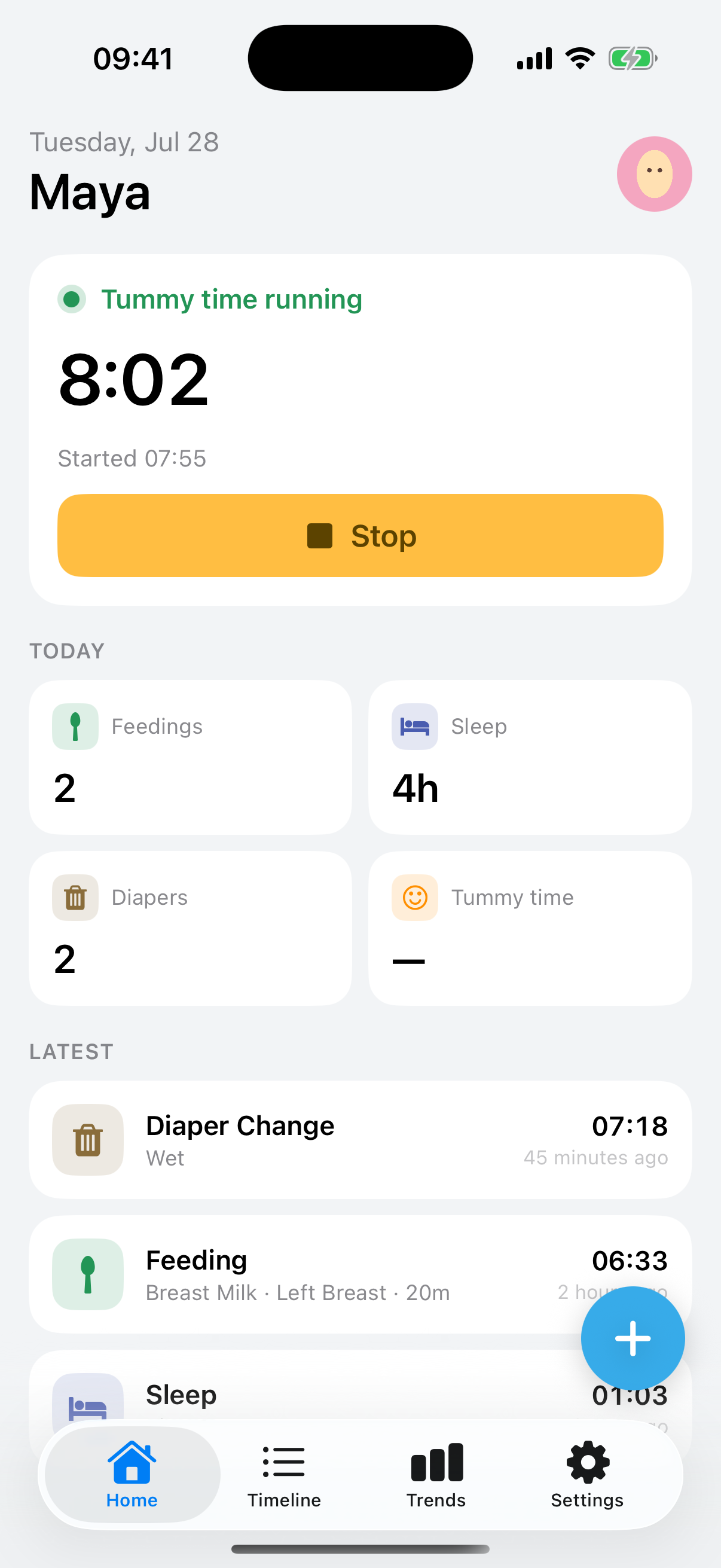 The real Baby Buddy dashboard showing a running tummy-time timer and today's totals