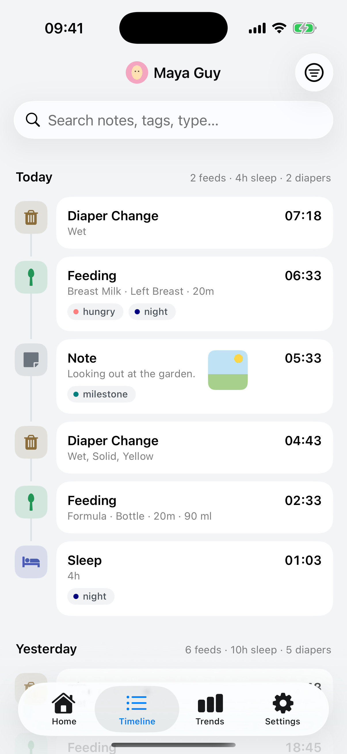 The real Baby Buddy timeline showing feeding, diaper, note and sleep entries